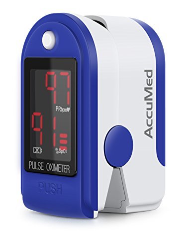 AccuMed CMS-50DL Finger Pulse Oximeter Blood Oxygen SpO2 Sports and Aviation Monitor w/ Carrying case, Landyard Silicon Case & Battery (Blue) 