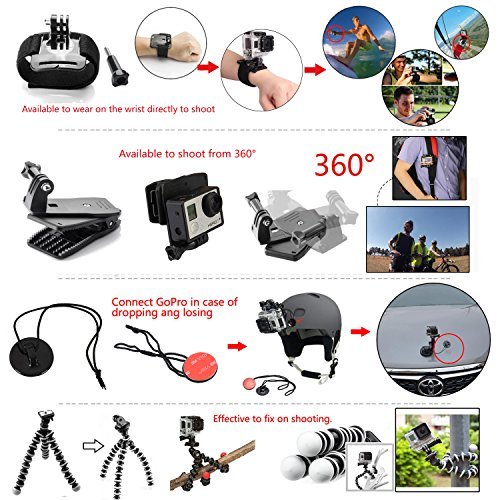 Action Camera Accessories Kit for Sports Gopro Hero 5/4/3/2 Silver Black SJCAM SJ4000 SJ5000 SJ6000, Akaso EK7000, EKEN H9r, Fitfort Underwater Wifi Cam (46 Items)