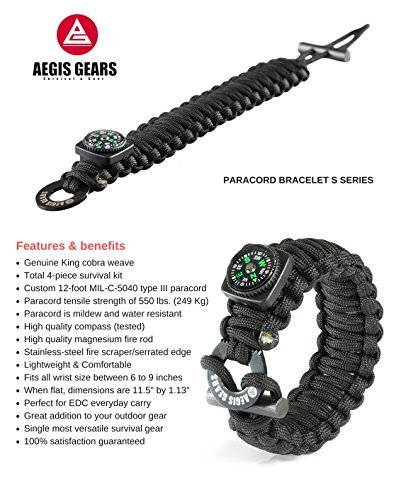 AegisGears Paracord Bracelet S-Series with Outdoor Survival Gear Kit - Fire Starter, Compass