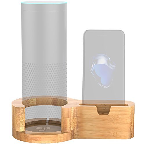 Aerb Speaker Stand for Echo, Bamboo Wood Charging Stand for Amazon Echo and iPhone, Stable Sleek Home Decor