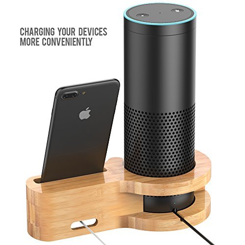 Aerb Speaker Stand for Echo, Bamboo Wood Charging Stand for Amazon Echo and iPhone, Stable Sleek Home Decor