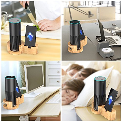 Aerb Speaker Stand for Echo, Bamboo Wood Charging Stand for Amazon Echo and iPhone, Stable Sleek Home Decor