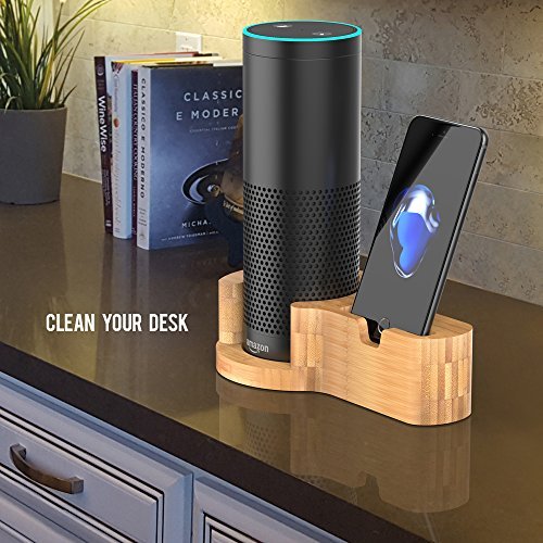 Aerb Speaker Stand for Echo, Bamboo Wood Charging Stand for Amazon Echo and iPhone, Stable Sleek Home Decor