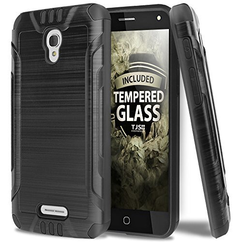 Alcatel Pixi Theatre Case With TJS Tempered Glass Screen Protector, Dual Layer Hybrid Shockproof Resist Rugged Case Cover Metallic Brush Finish Hard Inner Layer For Alcatel Pixi Theatre (Black)