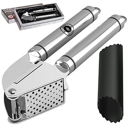 Alpha Grillers Garlic Press and Peeler Set. Stainless Steel Mincer and Silicone Tube Roller