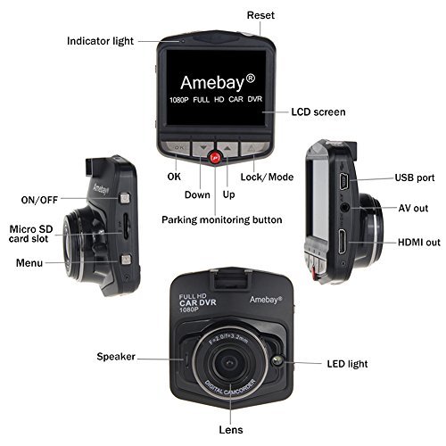 Amebay Dash Cam 2.4'' FHD 1080P Car Vehicle Dashboard DVR Camera Video Recorder with 16GB Micro SD Card,Black