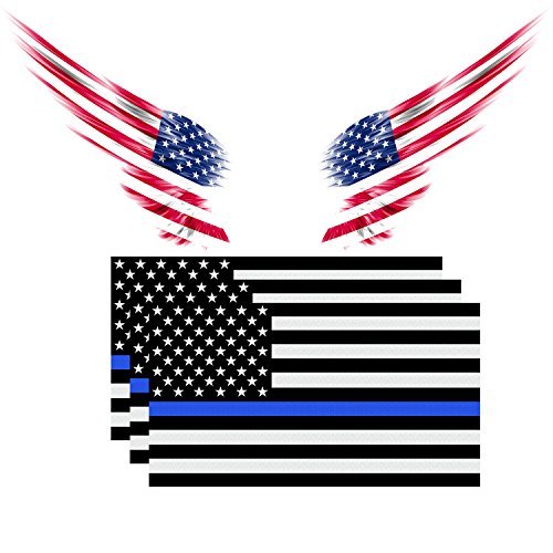 American Flag Decal Packs with Thin Blue Line for Cars & Trucks, TyhoTech Reflective 3-PACK 4.5 x 2.5 inch USA Flag Vinyl Decal Sticker and 1-PACK US Angel's Wing Sticke Vinyl Window Bumper Tape