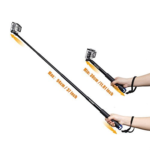 Amobios 12-37 Inches Waterproof Telescoping Extendable Selfie Stick Rust-Preventing and Anti-reflective Pole for GoPro Cameras