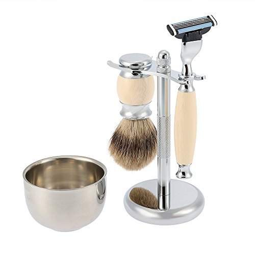 Anself 4 in 1 Men's Shaving Set Pure Badger Brush + Shaving Stand + Stainless Steel Shaving Soap Bowl + Razor for Dry or Wet Shaver 