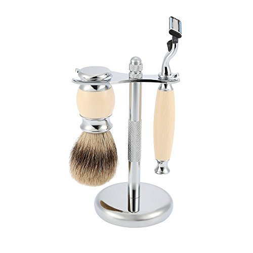 Anself 4 in 1 Men's Shaving Set Pure Badger Brush + Shaving Stand + Stainless Steel Shaving Soap Bowl + Razor for Dry or Wet Shaver