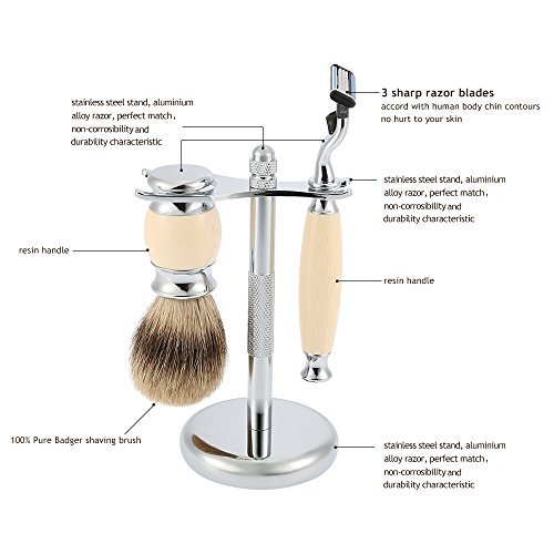 Anself 4 in 1 Men's Shaving Set Pure Badger Brush + Shaving Stand + Stainless Steel Shaving Soap Bowl + Razor for Dry or Wet Shaver