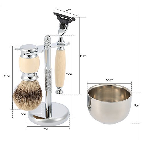 Anself 4 in 1 Men's Shaving Set Pure Badger Brush + Shaving Stand + Stainless Steel Shaving Soap Bowl + Razor for Dry or Wet Shaver
