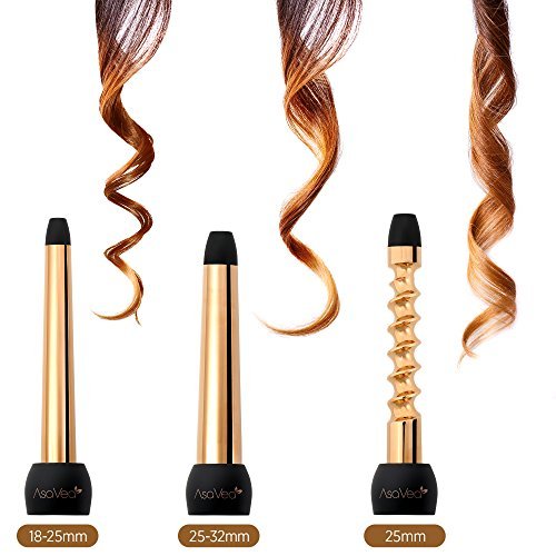AsaVea Gold Titanium Hair Curler Interchangeable Wands, 3 Barrels (18-25 mm, Spiral 25 mm, 25-32 mm) 