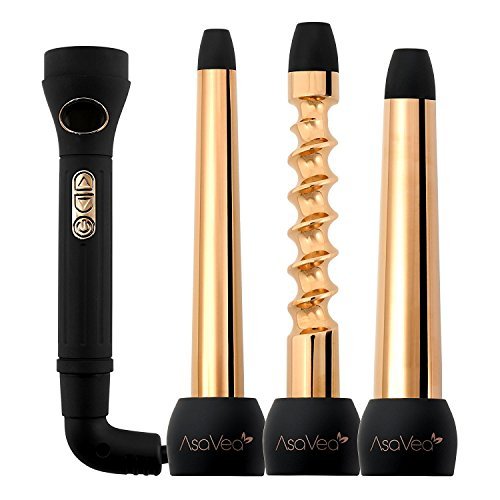 AsaVea Gold Titanium Hair Curler Interchangeable Wands, 3 Barrels (18-25 mm, Spiral 25 mm, 25-32 mm) 