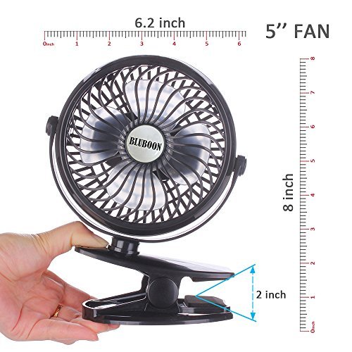 BLUBOON Clip on Fan Battery Operated Fan Portable for Baby Stroller 5" (Black with Two Battery)