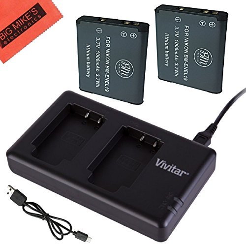 BM Premium 2 ENEL19 Batteries & Dual Battery Charger for Nikon Coolpix A300, W100, S3100, S3200, S3300, S3500, S3600, S3700, S4100, S4200, S4300, S5200, S5300, S6400, S6500, S6800, S6900, S7000 Camera