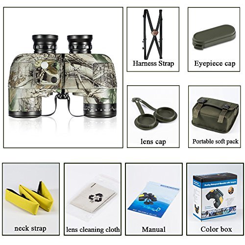 BNISE Military HD Binoculars - Navigation Compass and Rangefinder - 10x50 Large Object Lens BAK4 Large View - Waterproof and Fogproof - with Harness Strap and Neck Stap