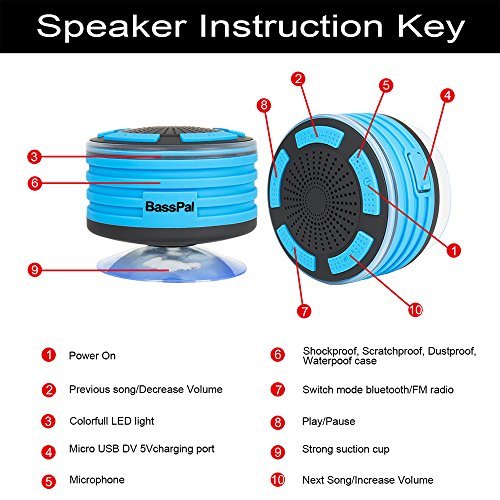 BassPal Shower Speaker, IPX7 Waterproof Portable Wireless Bluetooth 4.0 Speakers with Super Bass and HD Sound, Perfect Speaker for Beach, Pool, Kitchen & Home