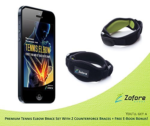 Best Tennis Elbow Brace 2 Pack by Zofore - Effective Pain Relief for Tennis Elbow - Adjustable Counterforce Brace With Compression Pad Support - E-Book Bonus