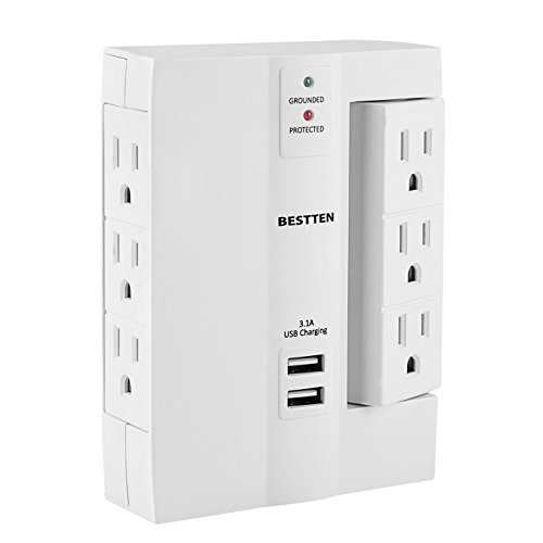 Bestten 6-Outlet (3 Swivel) Surge Protector Wall Tap with 2 USB Charging Ports (3.1A total), 1000 Joule Surge Suppressor, ETL Certified