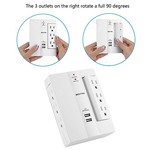 Bestten 6-Outlet (3 Swivel) Surge Protector Wall Tap with 2 USB Charging Ports (3.1A total), 1000 Joule Surge Suppressor, ETL Certified