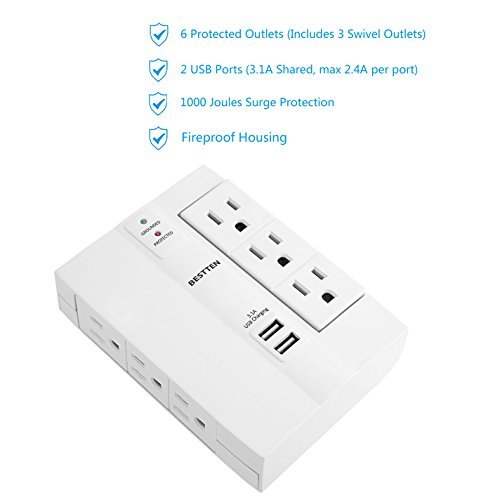 Bestten 6-Outlet (3 Swivel) Surge Protector Wall Tap with 2 USB Charging Ports (3.1A total), 1000 Joule Surge Suppressor, ETL Certified