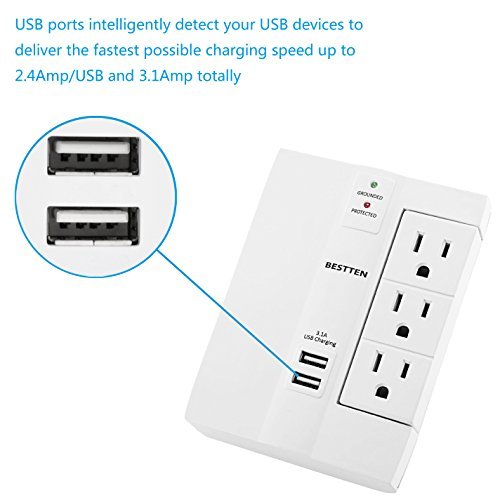 Bestten 6-Outlet (3 Swivel) Surge Protector Wall Tap with 2 USB Charging Ports (3.1A total), 1000 Joule Surge Suppressor, ETL Certified