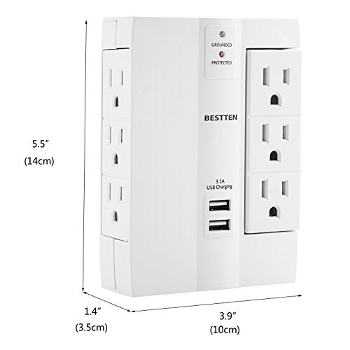 Bestten 6-Outlet (3 Swivel) Surge Protector Wall Tap with 2 USB Charging Ports (3.1A total), 1000 Joule Surge Suppressor, ETL Certified