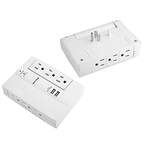 Bestten 6-Outlet (3 Swivel) Surge Protector Wall Tap with 2 USB Charging Ports (3.1A total), 1000 Joule Surge Suppressor, ETL Certified