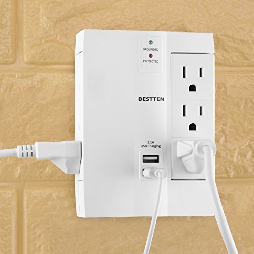 Bestten 6-Outlet (3 Swivel) Surge Protector Wall Tap with 2 USB Charging Ports (3.1A total), 1000 Joule Surge Suppressor, ETL Certified