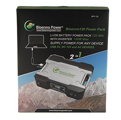 Bioenno Power BPP120 Portable Rechargeable Battery Pack (LiFePO4 Lithium Iron Phosphate), Built-In Solar Charge Controller, DC-to-AC Inverter, and AC-to-DC Charger. 120Whr