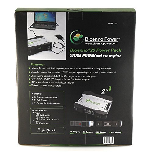 Bioenno Power BPP120 Portable Rechargeable Battery Pack (LiFePO4 Lithium Iron Phosphate), Built-In Solar Charge Controller, DC-to-AC Inverter, and AC-to-DC Charger. 120Whr