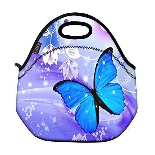 Blue Butterfly Thermal Neoprene Waterproof Kids Insulated Lunch Portable Carry Tote Picnic Storage Bag Lunch box Food Bag Gourmet Handbag Cooler warm Pouch Tote bag For School work Office FLB-014