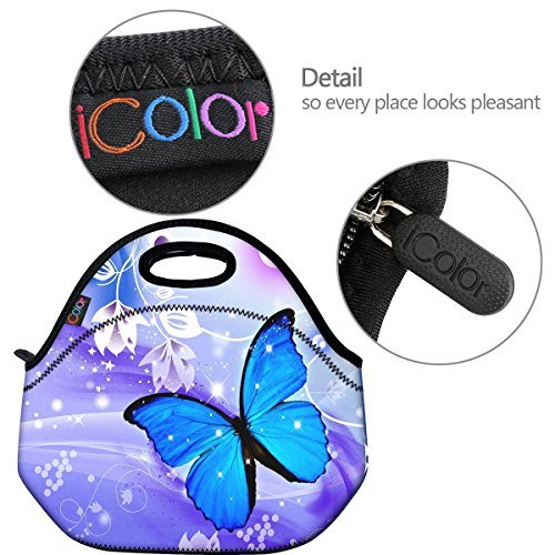 Blue Butterfly Thermal Neoprene Waterproof Kids Insulated Lunch Portable Carry Tote Picnic Storage Bag Lunch box Food Bag Gourmet Handbag Cooler warm Pouch Tote bag For School work Office FLB-014