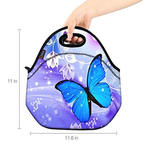 Blue Butterfly Thermal Neoprene Waterproof Kids Insulated Lunch Portable Carry Tote Picnic Storage Bag Lunch box Food Bag Gourmet Handbag Cooler warm Pouch Tote bag For School work Office FLB-014