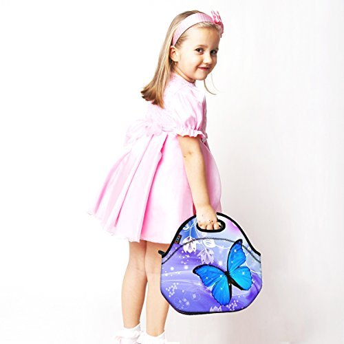 Blue Butterfly Thermal Neoprene Waterproof Kids Insulated Lunch Portable Carry Tote Picnic Storage Bag Lunch box Food Bag Gourmet Handbag Cooler warm Pouch Tote bag For School work Office FLB-014