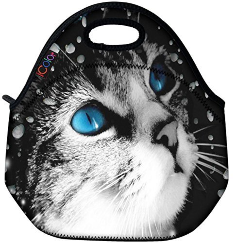 Blue Eye Cat Thermal Neoprene Waterproof Kids Insulated Lunch Portable Carry Tote Picnic Storage Bag Lunch box Food Bag Gourmet Handbag Cooler warm Pouch Tote bag For School work Office FLB-016