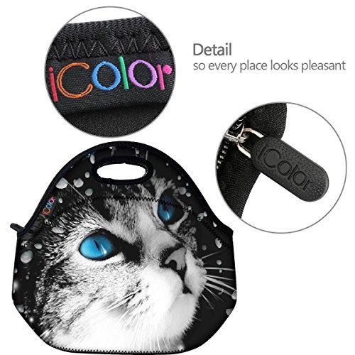 Blue Eye Cat Thermal Neoprene Waterproof Kids Insulated Lunch Portable Carry Tote Picnic Storage Bag Lunch box Food Bag Gourmet Handbag Cooler warm Pouch Tote bag For School work Office FLB-016