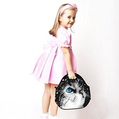 Blue Eye Cat Thermal Neoprene Waterproof Kids Insulated Lunch Portable Carry Tote Picnic Storage Bag Lunch box Food Bag Gourmet Handbag Cooler warm Pouch Tote bag For School work Office FLB-016