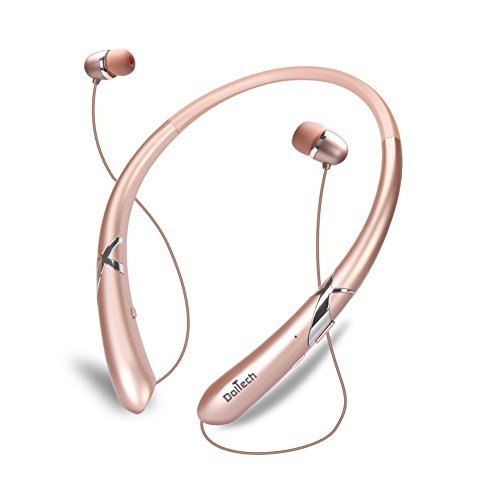 Bluetooth Headphones DolTech Retractable Earbuds Neckband Wireless Headset Sport Sweatproof Earphones with Mic for iPhone Android Cellphone (Rosegold)