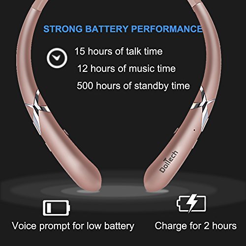 Bluetooth Headphones DolTech Retractable Earbuds Neckband Wireless Headset Sport Sweatproof Earphones with Mic for iPhone Android Cellphone (Rosegold)