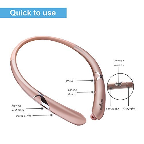 Bluetooth Headphones DolTech Retractable Earbuds Neckband Wireless Headset Sport Sweatproof Earphones with Mic for iPhone Android Cellphone (Rosegold)