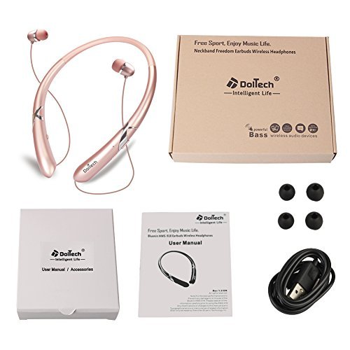 Bluetooth Headphones DolTech Retractable Earbuds Neckband Wireless Headset Sport Sweatproof Earphones with Mic for iPhone Android Cellphone (Rosegold)