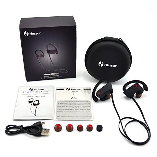 Bluetooth Headphones, Hussar Magicbuds Best Wireless Sports Earphones with Mic, IPX7 Waterproof, HD Sound with Bass, Noise Cancelling, Secure Fit, up to 9 hours working time (2017 Upgraded)