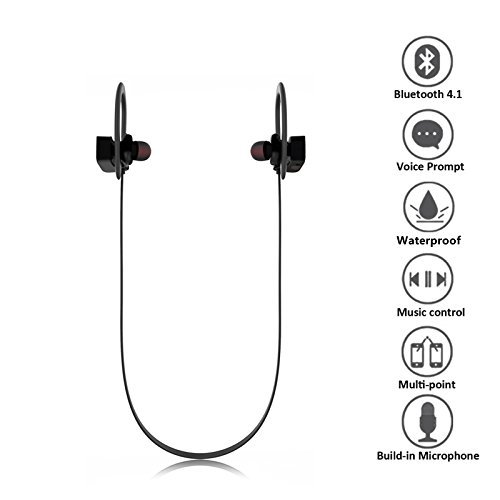 Bluetooth Headphones, Hussar Magicbuds Best Wireless Sports Earphones with Mic, IPX7 Waterproof, HD Sound with Bass, Noise Cancelling, Secure Fit, up to 9 hours working time (2017 Upgraded)