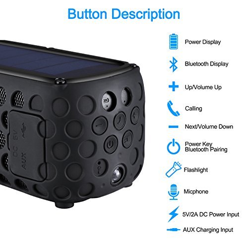 Bluetooth Speakers 30-Hour Playing time Portable Speaker with Splash proof Solar-Charged Wireless Stereo Bluetooth 4.0 Loudspeaker Splash Shock for all outdoor sports (Black)