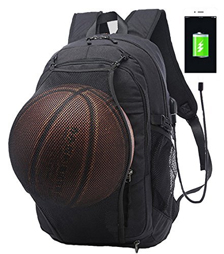 Business Laptop Backpack, Casual Travel Daypack, Sports Backpacks, Computer Shoulder Bag with USB Charging Port, Headphone Jack and Basketball Mesh , Fits UNDER 15.6 inch (Black)