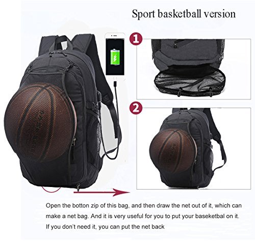 Business Laptop Backpack, Casual Travel Daypack, Sports Backpacks, Computer Shoulder Bag with USB Charging Port, Headphone Jack and Basketball Mesh , Fits UNDER 15.6 inch (Black)