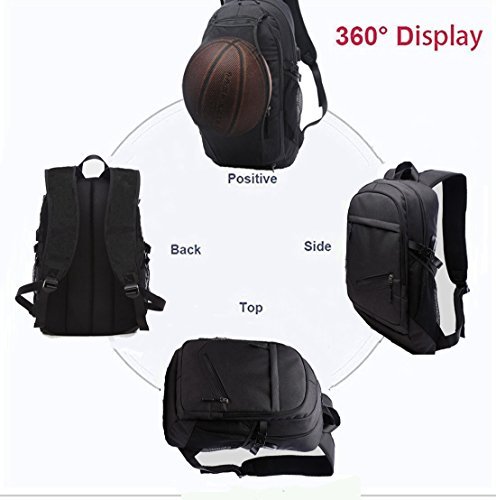 Business Laptop Backpack, Casual Travel Daypack, Sports Backpacks, Computer Shoulder Bag with USB Charging Port, Headphone Jack and Basketball Mesh , Fits UNDER 15.6 inch (Black)