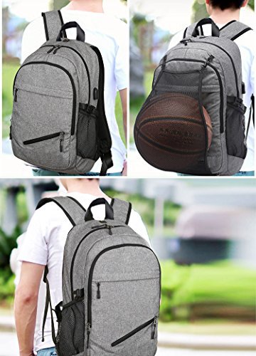 Business Laptop Backpack, Casual Travel Daypack, Sports Backpacks, Computer Shoulder Bag with USB Charging Port, Headphone Jack and Basketball Mesh , Fits UNDER 15.6 inch (Black)